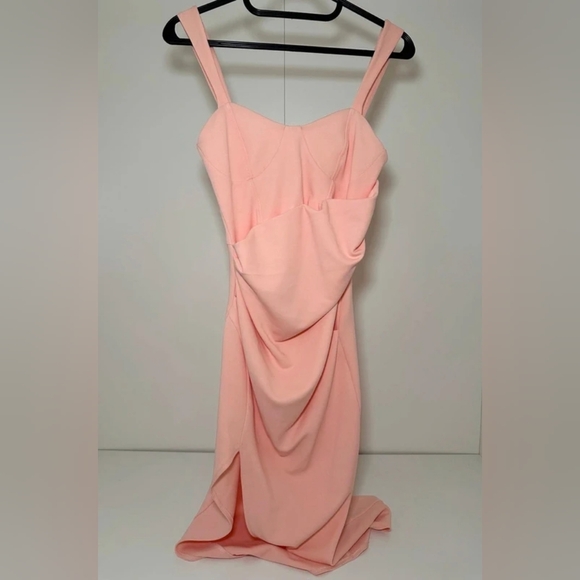 Satin Slip Midi Dress with Side Thigh Slit - Blush - Picture 2 of 3